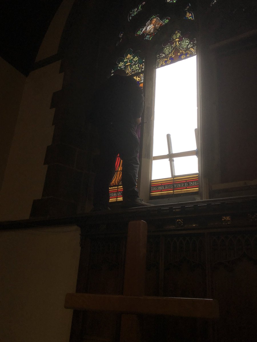 MJandCoYork's tweet photo. Installing #stainedglass panels back into #stleonards #church #eastwindow #capronnier #conservation #restoration @PBarchitects https://t.co/paZ0ih3FgB