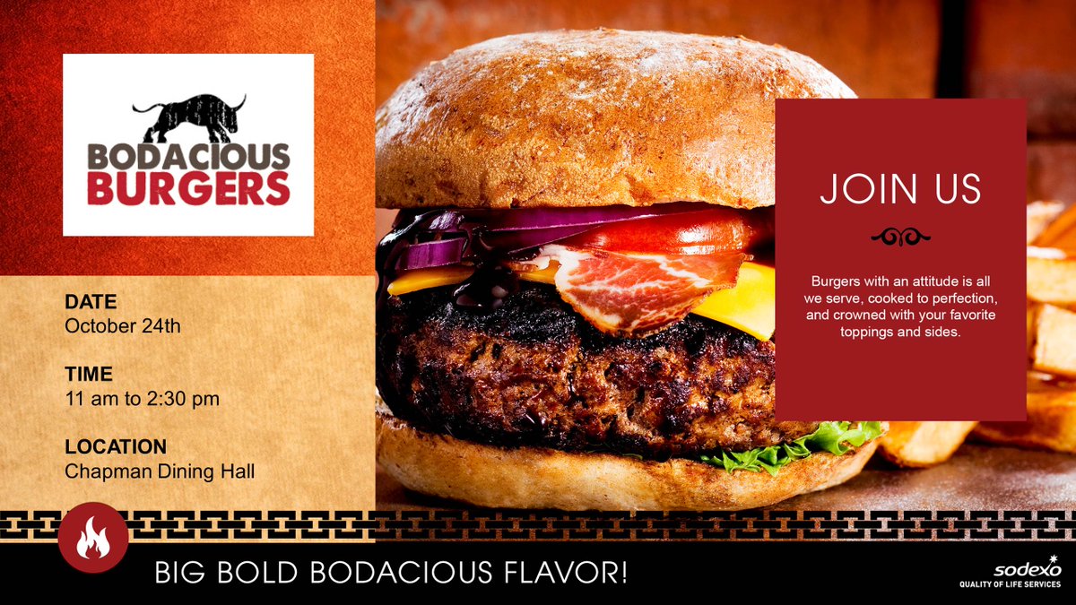 RSUDining's tweet photo. Mark Your Calendars!! Bodacious Burgers Are Back!!
October 24th at Chapman Dining Hall from 11 am to 2:30 pm. #RSUDining #ChapmanDiningHall #BodaciousBurgers https://t.co/9EtSSHa00X