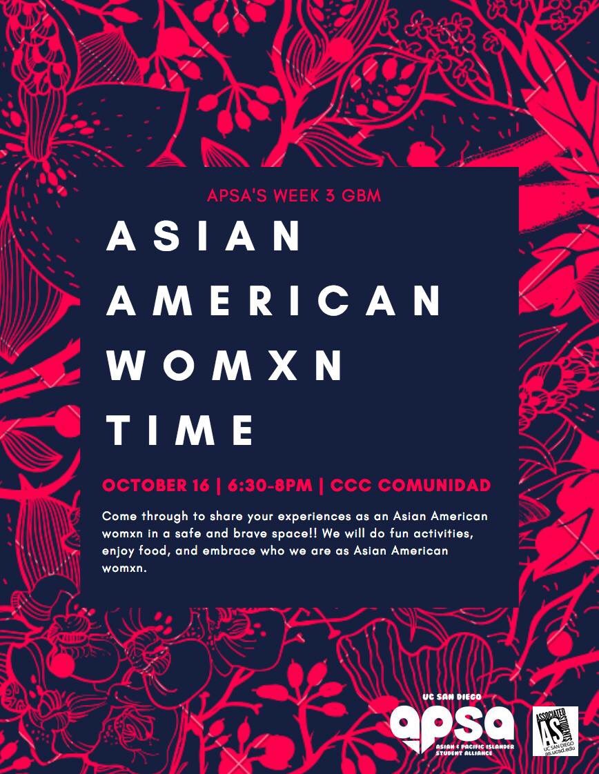 UCSD_APSA's tweet photo. Asian American Womxn Time is tonight! Join us in this community discussion about the lives we lead. 💛 https://t.co/eisLD9XRQt