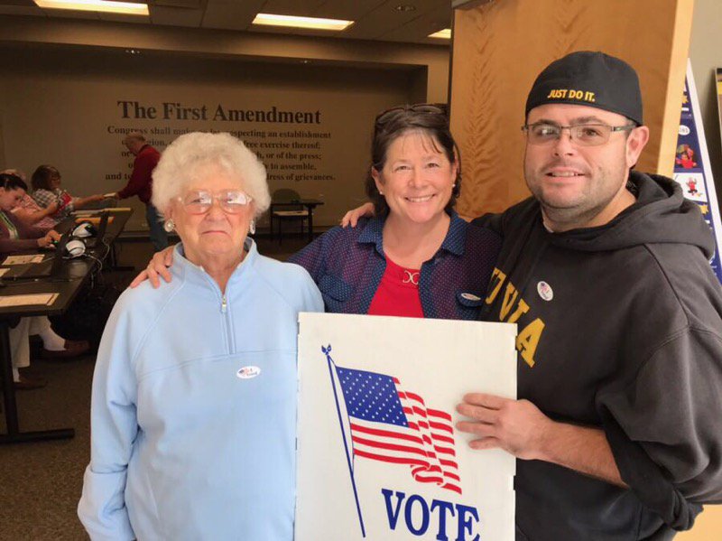 Simpson4Iowa's tweet photo. Voted with my Mom &amp; son. My daughter sent pictures of Voting My granddaughters went door knocking and did parades with their Nana and went to vote with their Mom! Keeping Democracy alive... one Family at a time!!! https://t.co/2PuwVZIRxL