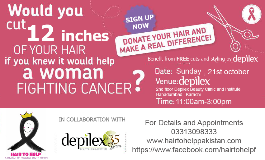 pyf_ydl's tweet photo. Cut for a cause, get your hair cut and help a woman flaunt hers.  Donate your hair on 21st October at Depilex, Bahadurabad, Karachi, from 11 AM to 4 PM #hairtohelp #hairdonationdrive https://t.co/10fll27kuH