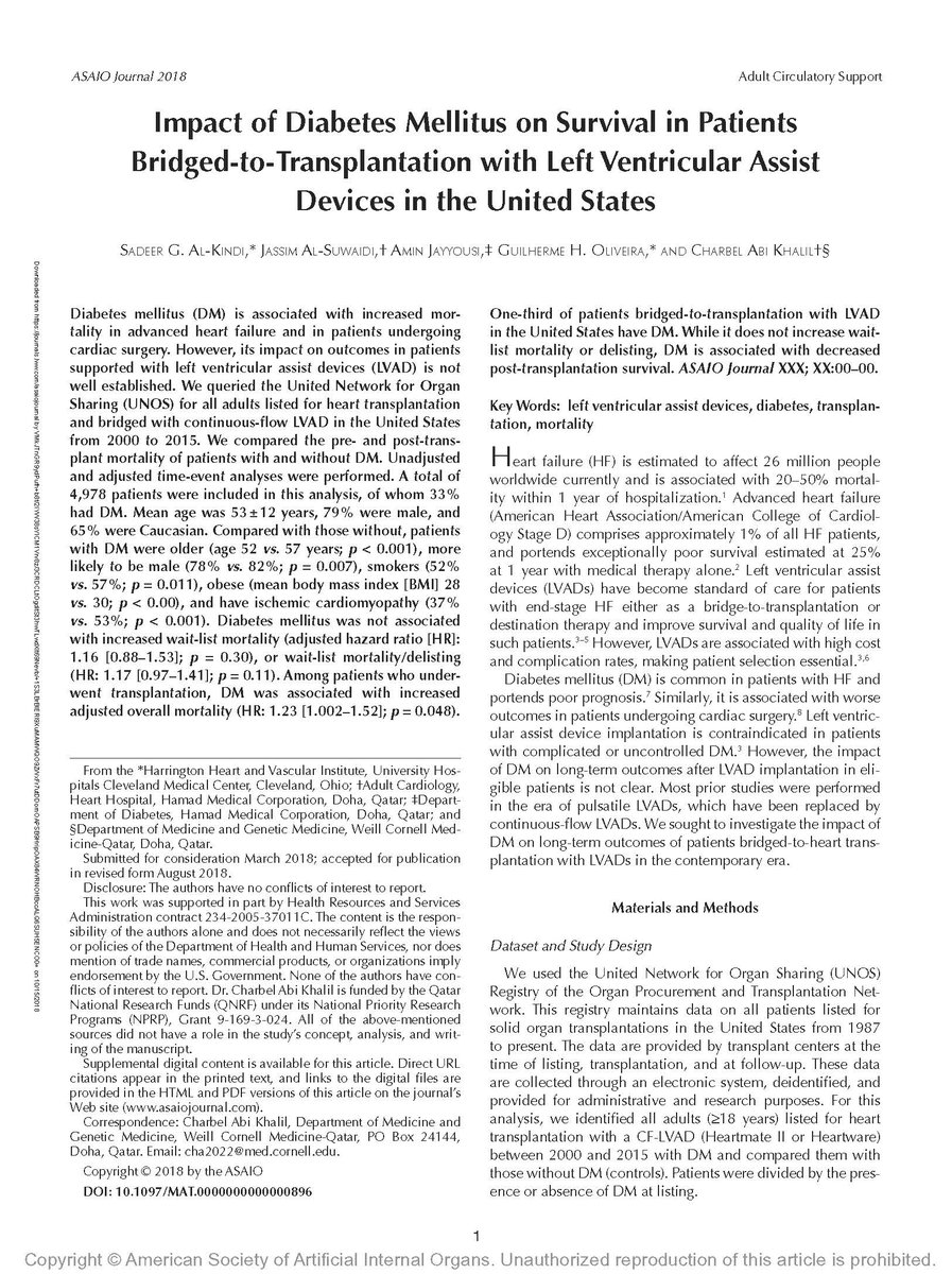 asaiojournal's tweet photo. #OnlineFirst Impact of #Diabetes Mellitus on Survival in Patients Bridged-to-Transplantation with Left Ventricular Assist Devices in the United States https://t.co/h6z8Ezt8pv 
@Ak_charbel @WCMQatar @jassimalsuwaidi @UHhospitals 

#LVAD #BTT #HeartTx #mortality https://t.co/UjkRkSPuoM