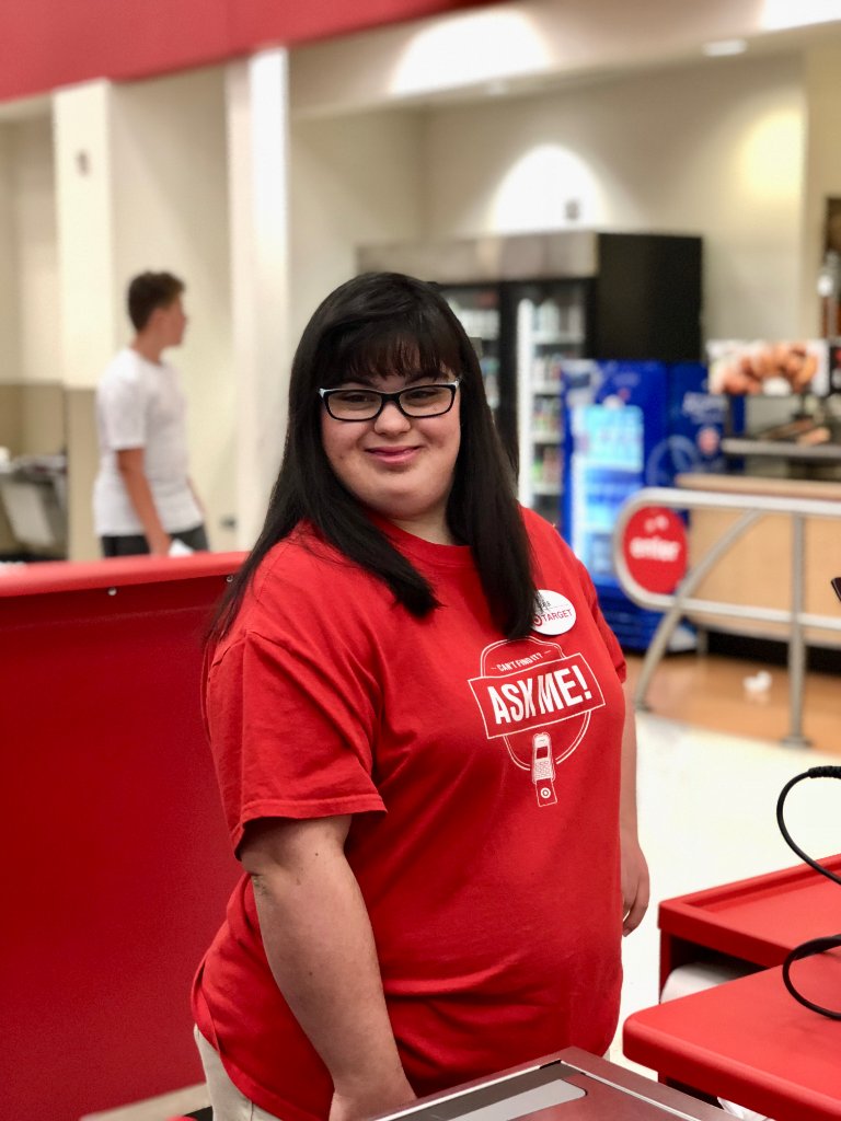 RubysRainboworg's tweet photo. #RockinRecipient Julia's been working in her #DreamJob as @Target cashier for over 2 yrs & is now training to be a #TeamLeader (aka front-end #MANAGER!!!). She ❤️s her Target Family because they respect her & make her feel at home 😍 Just as it should be!! #RubyAndNellaGoToWork https://t.co/ViGcaGNY5e