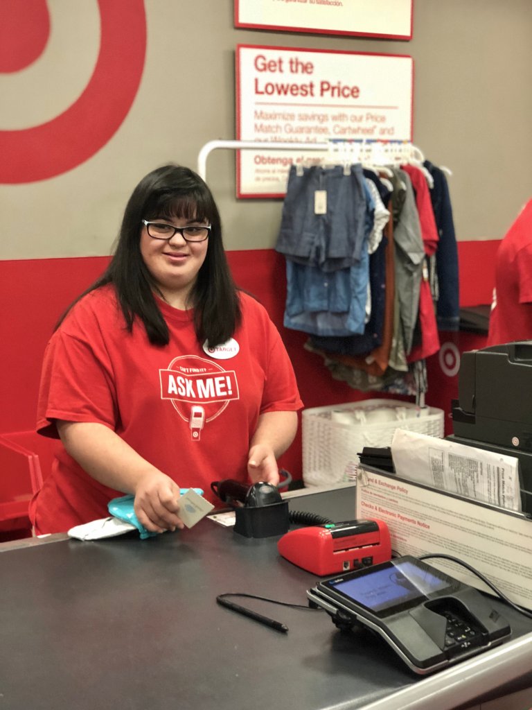 RubysRainboworg's tweet photo. #RockinRecipient Julia's been working in her #DreamJob as @Target cashier for over 2 yrs & is now training to be a #TeamLeader (aka front-end #MANAGER!!!). She ❤️s her Target Family because they respect her & make her feel at home 😍 Just as it should be!! #RubyAndNellaGoToWork https://t.co/ViGcaGNY5e