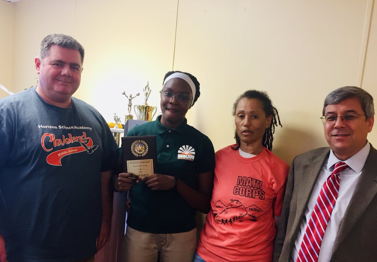 mathcorpsCLE's tweet photo. Our final stop on the Math Corps Award Tour takes Dr. Bey to Horizon to present Dakayla with her award for Exceptional Achievement. The principal and superintendent were there to congratulate her! Your greatness is showing, Dakayla! https://t.co/jtnZ60G2bg