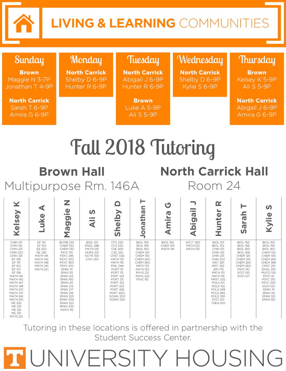 utkllc's tweet photo. Hey LLC students, be sure to take advantage of tutoring in a nearby residence hall!  Check out the times and courses! https://t.co/EXHnEUGDZH