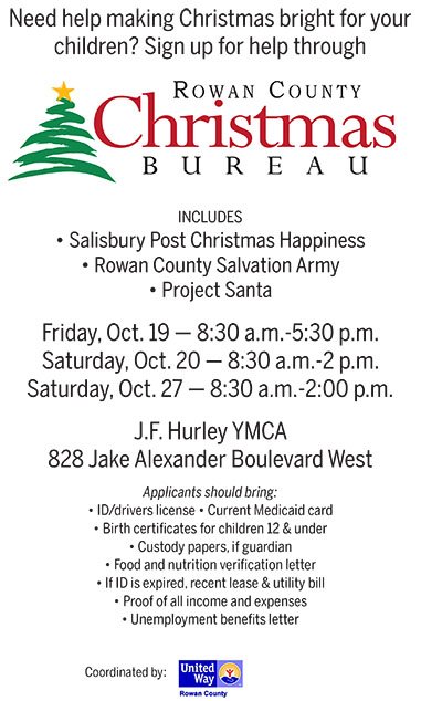 ElizCook's tweet image. The Rowan County Christmas Bureau needs volunteers to help take applications this Friday, Saturday and Oct. 27. Help! ow.ly/I9tz30mfU9n ow.ly/d/80El