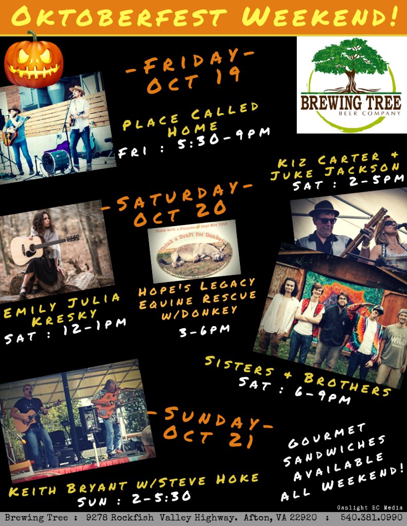 Oktoberfest Weekend at Brewing Tree starting Friday! 5 Bands, Hope's Legacy w/ Donkey on Sat... Friday, Place Called Home (Duo)..Saturday Emily Julia Kresky, Kiz Carter.. Sisters &amp; Brothers.... Sun, Keith Bryant. Hope you'll stop out for a visit! #afton #virginia #brewery #beer