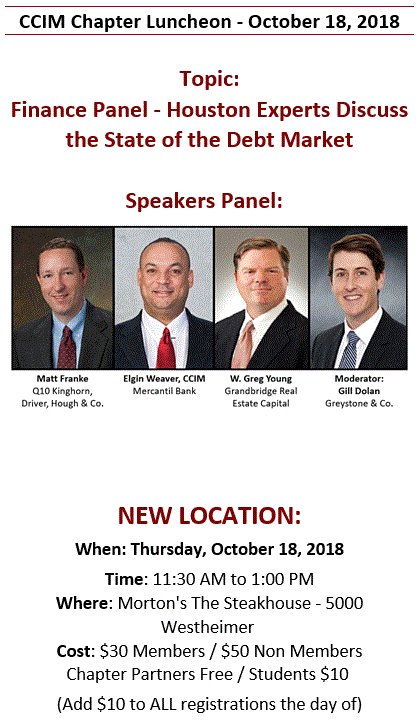 ccimhouston's tweet photo. Don't forget to register for the CCIM Luncheon this week.  Fantastic Financing Panel at Morton's...perfect pregame for the Astros! https://t.co/ASZhNDToTS