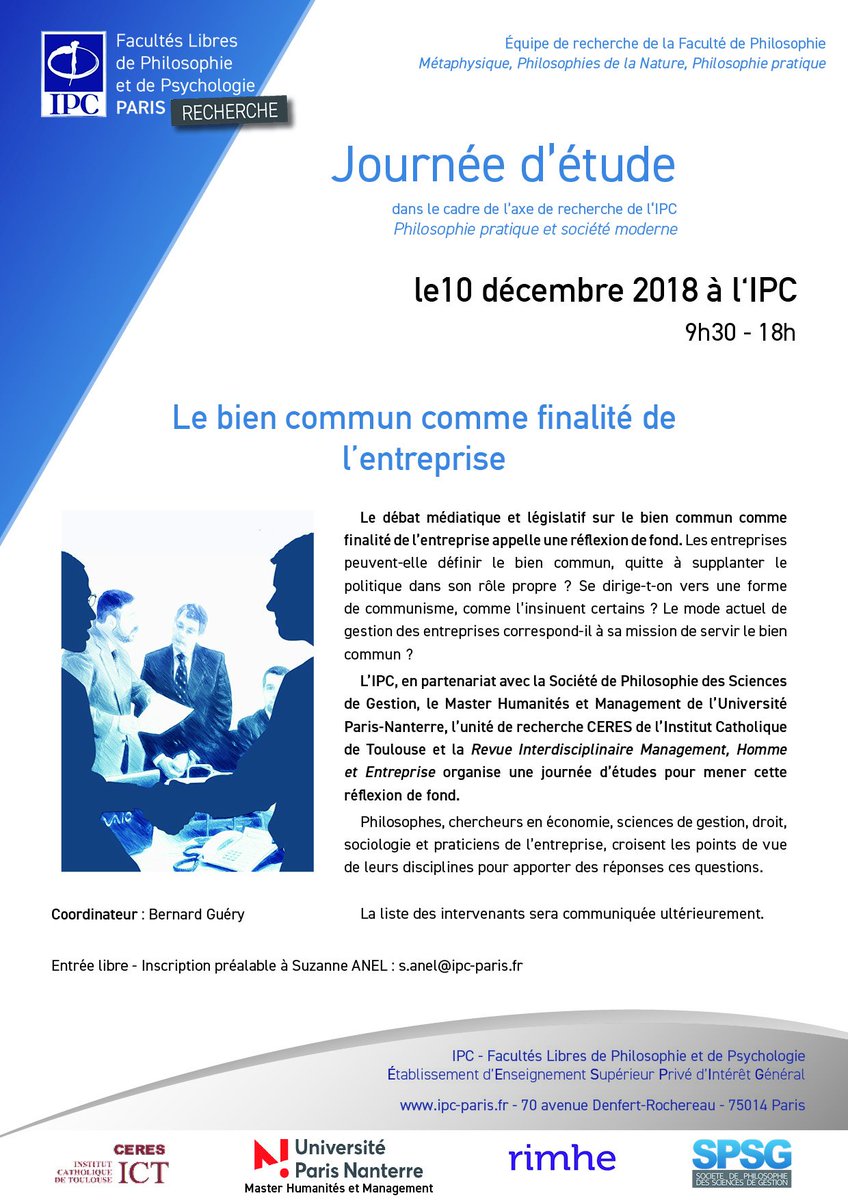IPCFacultes's tweet photo. [IPC-Recherche ] Journée d'études  "Le bien commun comme finalité de l'entreprise" #biencommun #Journéed'étude #entreprise https://t.co/7uo4GaCR6f