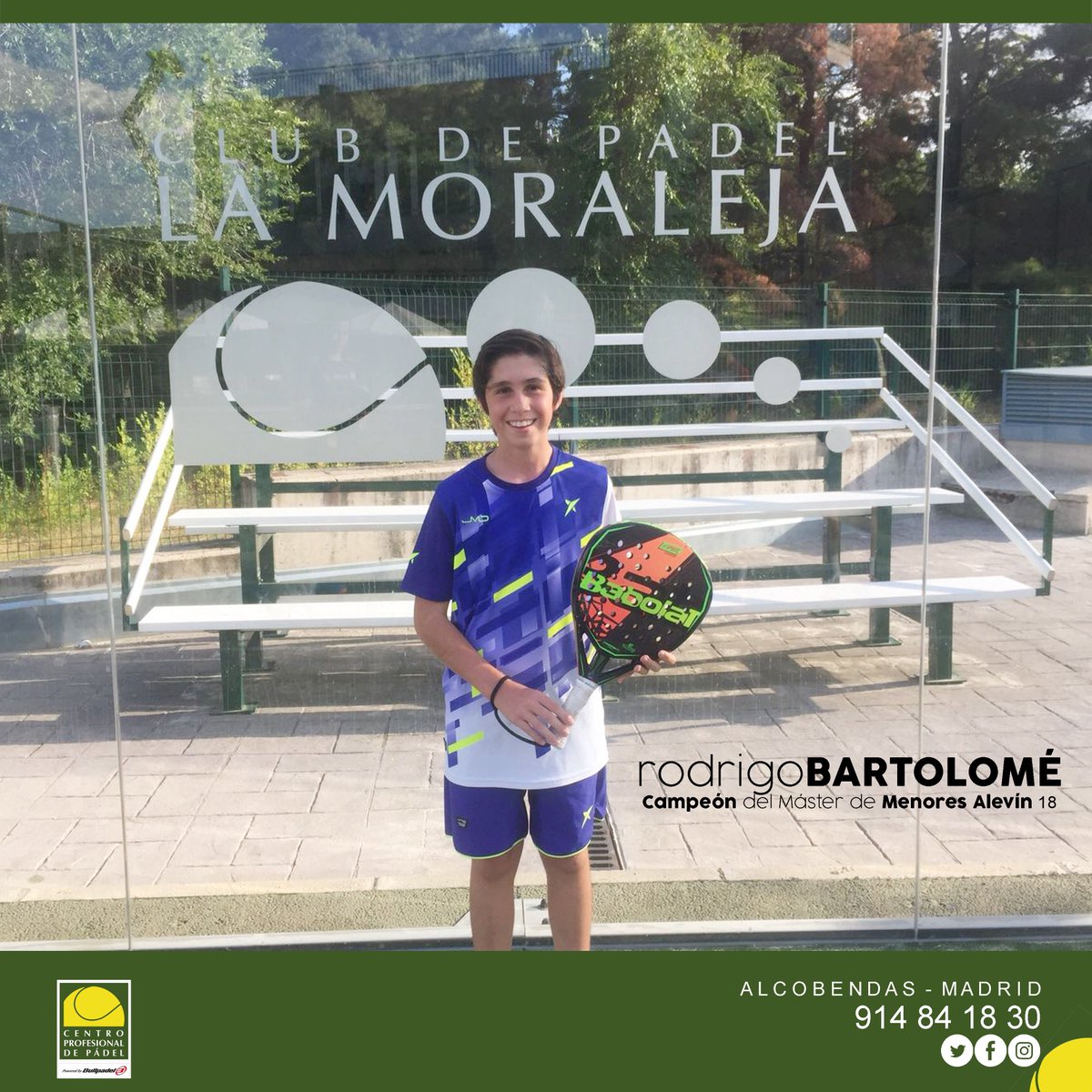 El equipo del CPP quiere dar la enhorabuena a Rodrigo Bartolomé, jugador de nuestra academia #CPP por quedar CAMPEÓN del Máster de Menores Alevín 18 🙌🏆👏🏼. ¡MUCHAS FELICIDADES! 
@suarezgdiegoa <a href="/PadelMoraleja/">La Moraleja Club de Pádel 🎾</a> <a href="/bullpadelsport/">Bullpadel</a> 
#padel #CPP #clubpadelmoraleja