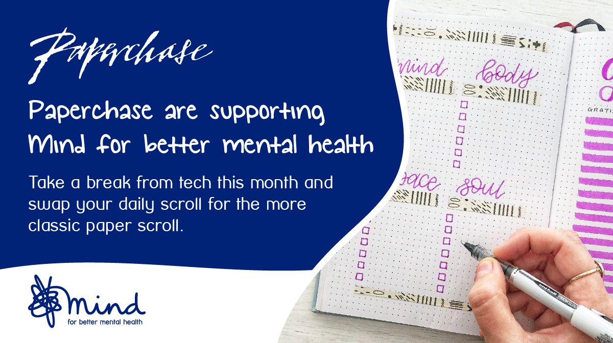 MindCharity's tweet image. We&apos;ve partnered with @FromPaperchase to encourage people to take a break from tech and turn to paper this month. Find out more about how you can take some me-time by journaling ➡️ bit.ly/2CQfPoI