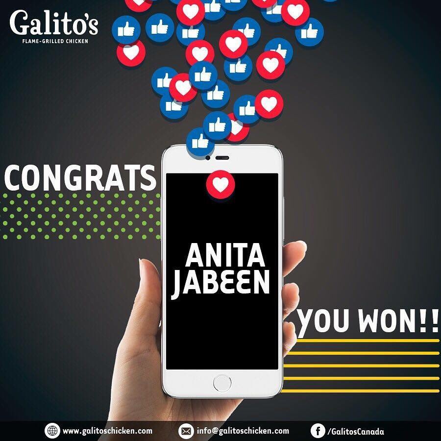 GalitosChicken_'s tweet photo. ⭐️Congratulations Anita Jabeen!!⭐️
You’ve won a FREE Galito’s Chicken FAMILY MEAL!!! 
We’ll inbox the details! 
A shoutout to everyone for participating! 
#LikeGalitosCanada #LIKEourPage #tagfriend #contest #sauces #Galitos #periperi #flamegrilled #chicken #tossdownca @tossdownca https://t.co/UcDTltWRtG