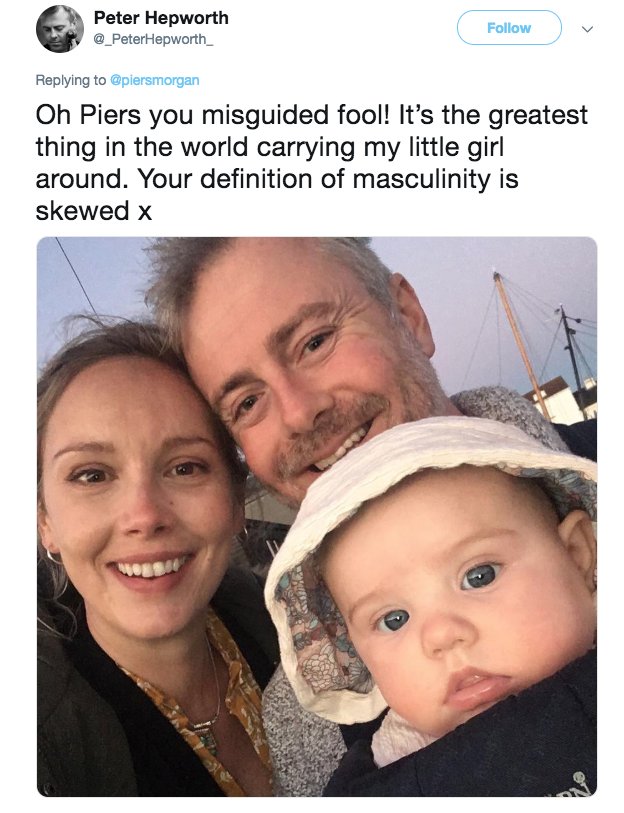 ajplus's tweet photo. Dads schooled Piers Morgan after he called Daniel Craig "emasculated" for using a baby carrier to hold his child: "Your definition of masculinity is skewed." https://t.co/ackNw3k15z