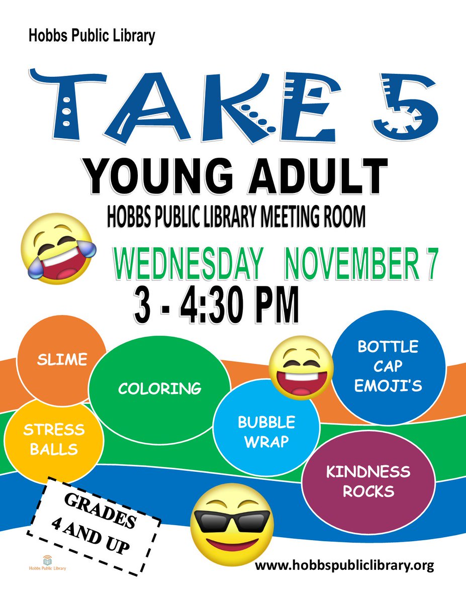hobbslibrary's tweet photo. The Young Adult program in November is "Take 5". Join us from 3-4:30 on November 7th, in the meeting room to relax and "Take 5". https://t.co/cHP0xR7Uc1