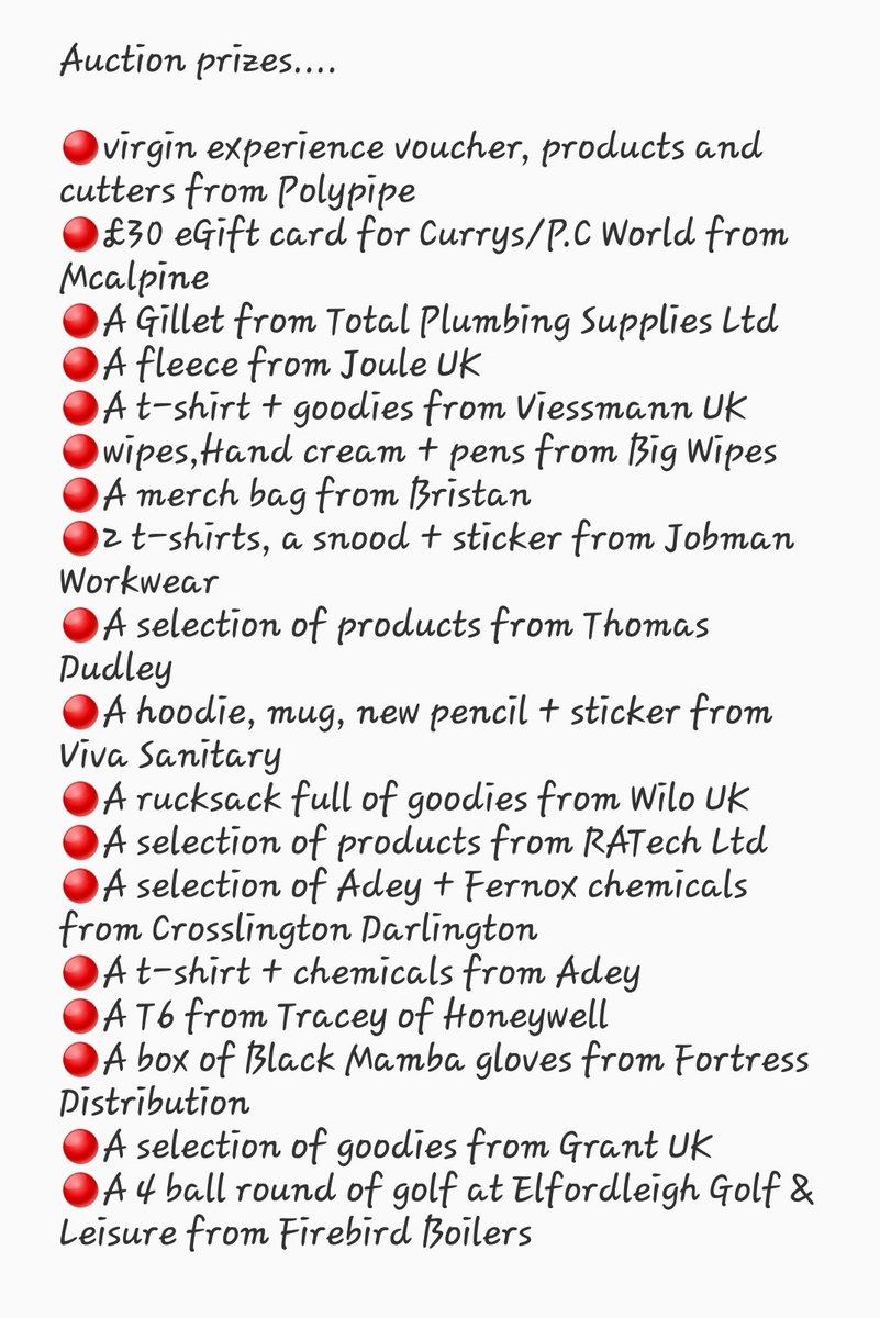 totalplumbinguk's tweet photo. Here is a full list of the prizes in my auction!! Still time to add if people want to donate anything 🎁😀

If you would like to bid now then DM me or you can just comment your bid from 8pm onwards 👍
The auction will last the 24hrs of @TradesTalk Takeover so get bidding! 😍 https://t.co/0kTjb5CmvS