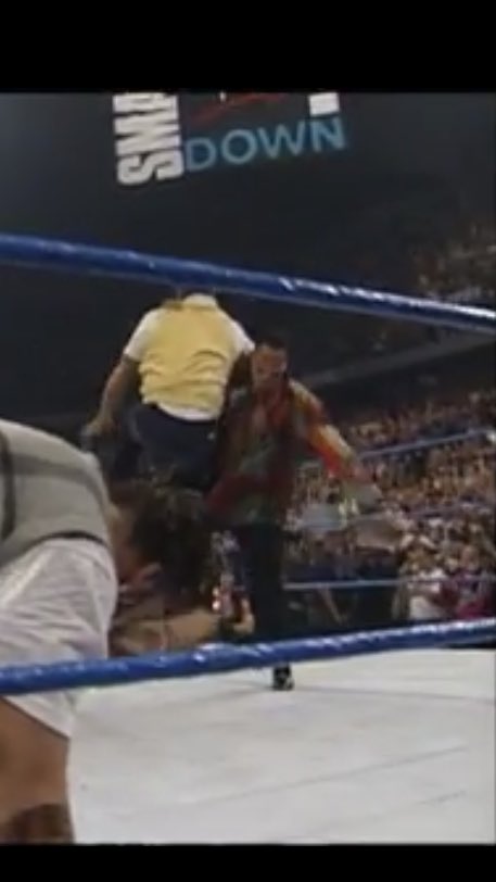 IamPeteGas's tweet photo. SmackDown Live 1000 episode tonight. Guess who took the first “Rock Bottom” ⁦@TheRock⁩ on the very first episode? #whatanhonor #goodheight #doingmyjob https://t.co/CbbkzXYHnx