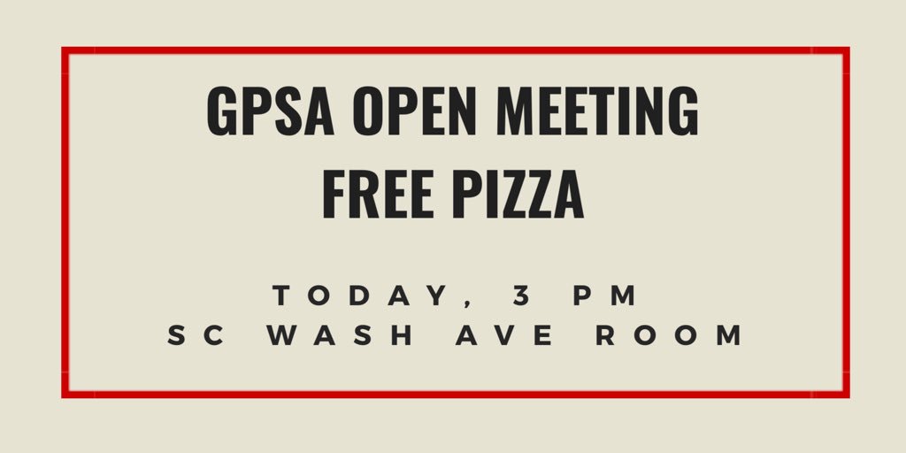 UHGPSA's tweet photo. Come see what GPSA is up to while enjoying a slice! Stop in at 3 pm (or after if the door is closed) and get info and pizza in the Wash Ave room, SC 2nd floor #WeAreGPSA #UHGradStudents #UHProfessional Students @UHGradSchool https://t.co/uknnDeKct8