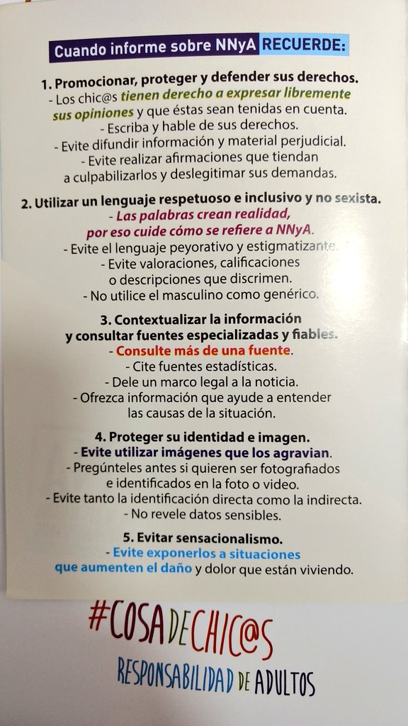 CesarGiraudo's tweet photo. Buenas prácticas periodísticas sobre niñas, niños y adolescentes creada por la @DefensoriaCba.

Un punto que destaco: "incorporar la voz de l@s chic@s" para el tratamiento del acontecimiento.

#CosaDeChicos #ResponsabilidadDeAdultos (cómo abordar a ese #nnya). https://t.co/bKKoOuKaKc