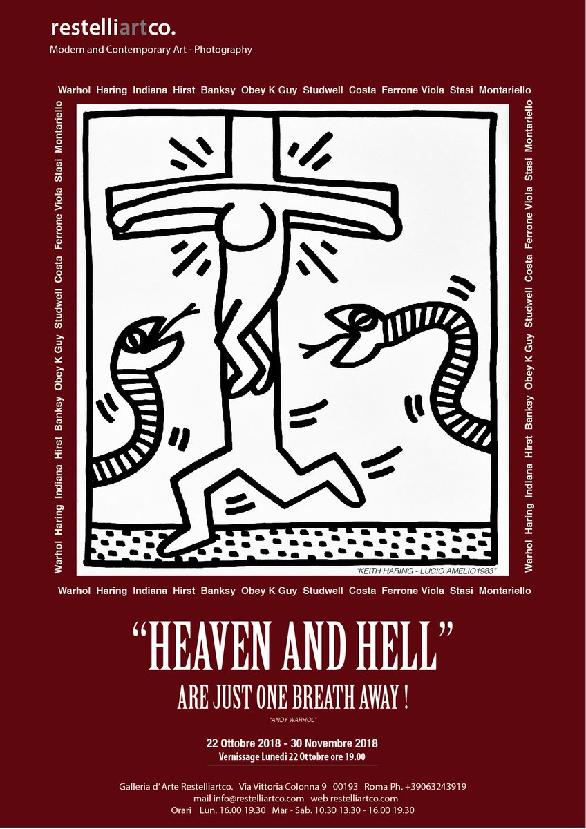 Vi aspettiamo all’opening dell’esposizione “HEAVEN AND HELL” il 22 Ottobre alle h.19.00 - Via Vittoria Colonna 9, Roma
RESTELLIARTCO partecipa alla settimana dedicata all’Arte Contemporanea di Roma: RAW - ROME ART WEEK dal 22 al 27 Ottobre 2018
romeartweek.com/it/strutture/?…
#raw2018