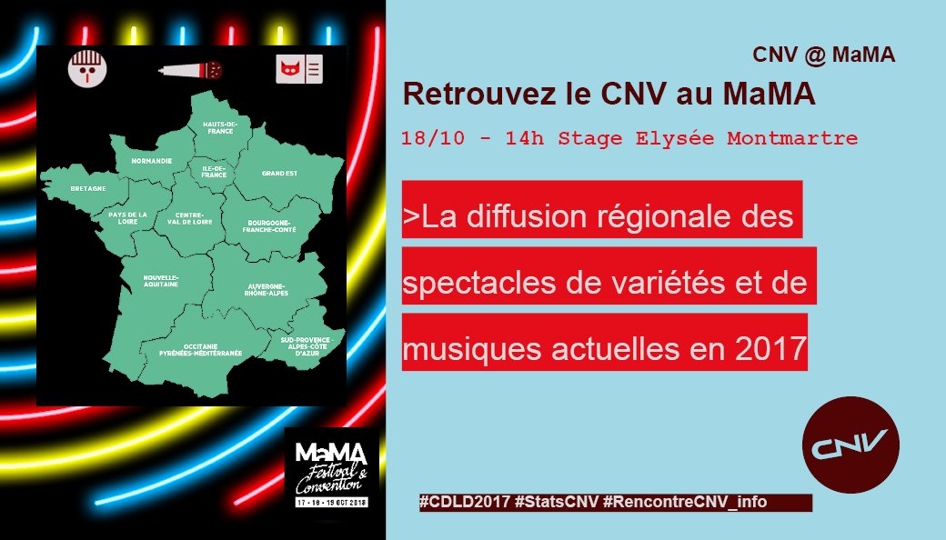 Venez assister à la Présentation des Chiffres de la diffusion des spectacles en région #CDLD2017 @CNV_info <a href="/MaMAevent/">MaMA Music & Convention</a> #MaMA2018 
➡️ urlz.fr/7ZkM