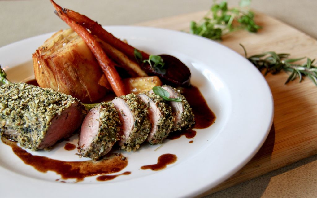 Perfectly seasoned lamb loin served with vegetables and dauphinoise potato, one of the many features in our Fall Menu.
