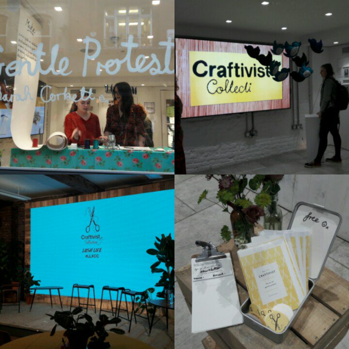 tweetcraftspace's tweet photo. Deirdref is @lushlifeeen and the stage is set for a panel discussion with @craftivists against a backdrop of her 'A Gentle Protest' exhibition #LLXCC https://t.co/ROpIYAJqx4