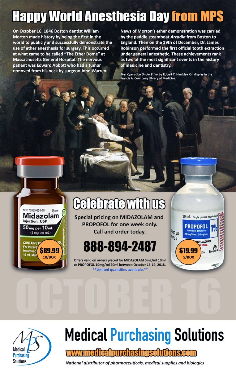 MPSRep's tweet image. Happy WORLD ANESTHESIA DAY from MPS. Today is the 172nd anniversary of the first successful demonstration of ether anesthesia for surgery. Celebrate with us. Click on the photo for a short story and our product specials. #WorldAnesthesiaDay #dentist #surgeon #midazolam #propofol