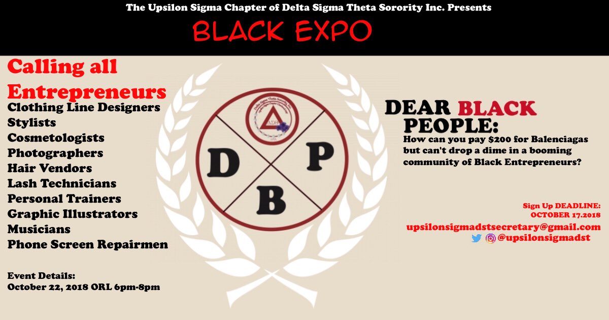 upsilonsigmadst's tweet photo. There is STILL time to sign up!!! Calling all Entrepreneurs! 🗣🗣 #UMES #UMES18 #UMES19 #UMES20 #UMES21 #UMES22 Black Expo: An opportunity to not only advertise, but sell and build your clientele!!! 
EMAIL: upsilonsigmadstsecretary@gmail.com https://t.co/tCg2L4wrTm