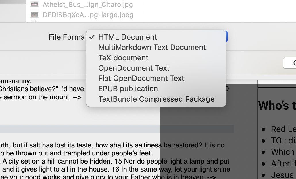 david_eiffert's tweet photo. @MultiMarkdown I'm sure I'm missing something, but I'm trying to export a MMD doc to OPML in MMD Composer and I can't figure out how. It's not listed in export formats.

Can you point me in the right direction? https://t.co/ulEyES9ENm