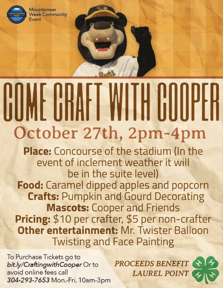 WVBlackBears's tweet photo. Craft your own pumpkin or gourd with Cooper and other mascots from around the area! Crafting with Cooper returns Saturday, Oct. 27th!

Purchase tickets: https://t.co/zgXQ85KbXx https://t.co/YIVZu6bHoh