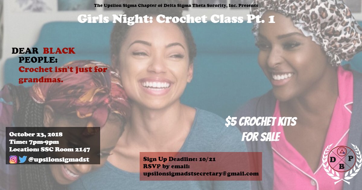 upsilonsigmadst's tweet photo. Want to know how to make a hat, scarf or even a bralette? Sign Up today! #UMES own #StylezbyTai (@taikwandoee) will be instructing the class! CROCHET KITS FOR SALE #UMES19 #UMES20 #UMES22 #UMES22 #DBP #DeltasOnTheShore https://t.co/zmx35usnGU