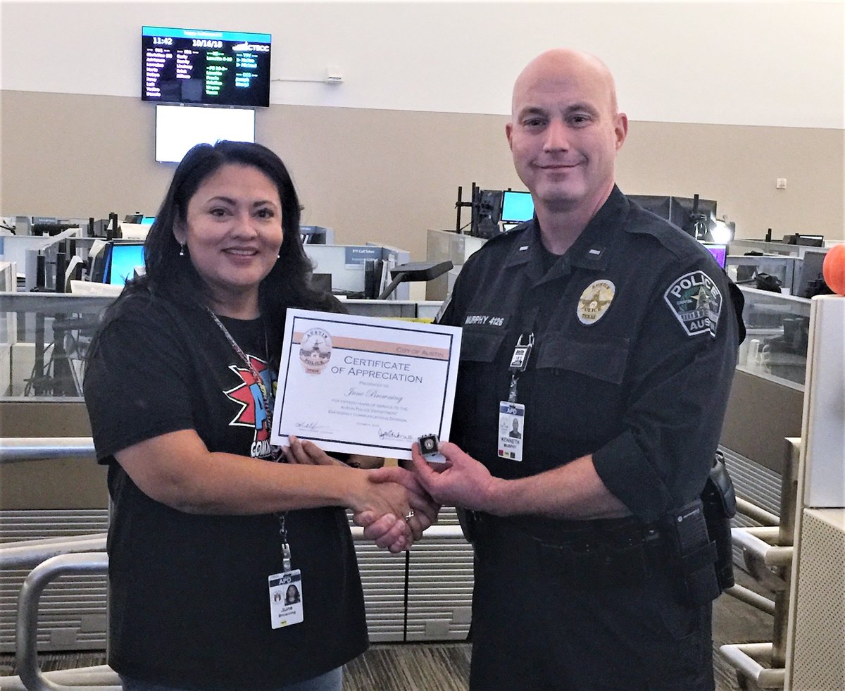 Austin_Police's tweet photo. Cindy Schubnell and June Browning celebrated their 15 year anniversary with 9-1-1 Emergency Communications! Congratulations and thank you for your commitment to APD Communications. 

#AustinPD #SaferTogether https://t.co/Hr34K7EY7P