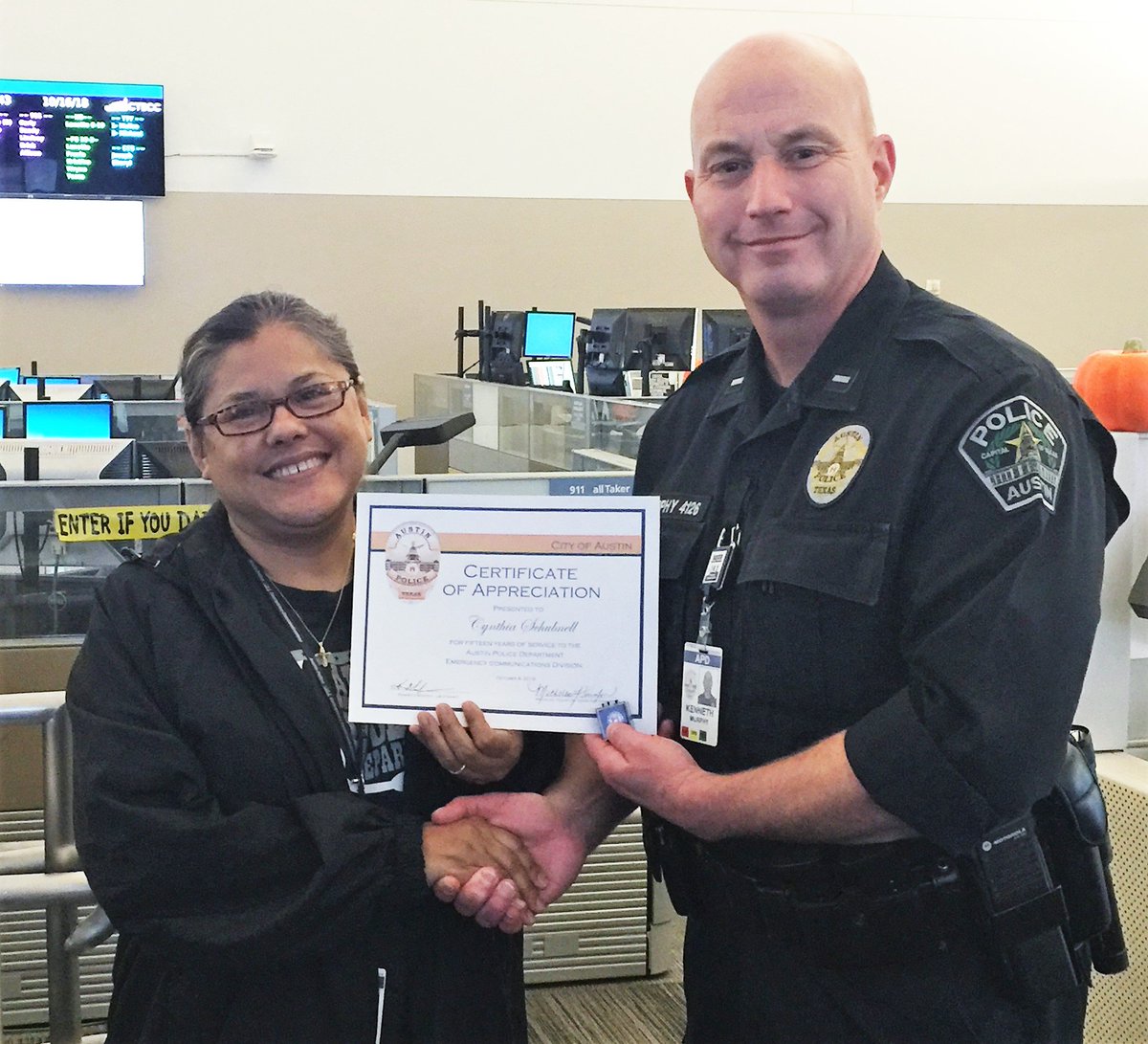 Austin_Police's tweet photo. Cindy Schubnell and June Browning celebrated their 15 year anniversary with 9-1-1 Emergency Communications! Congratulations and thank you for your commitment to APD Communications. 

#AustinPD #SaferTogether https://t.co/Hr34K7EY7P