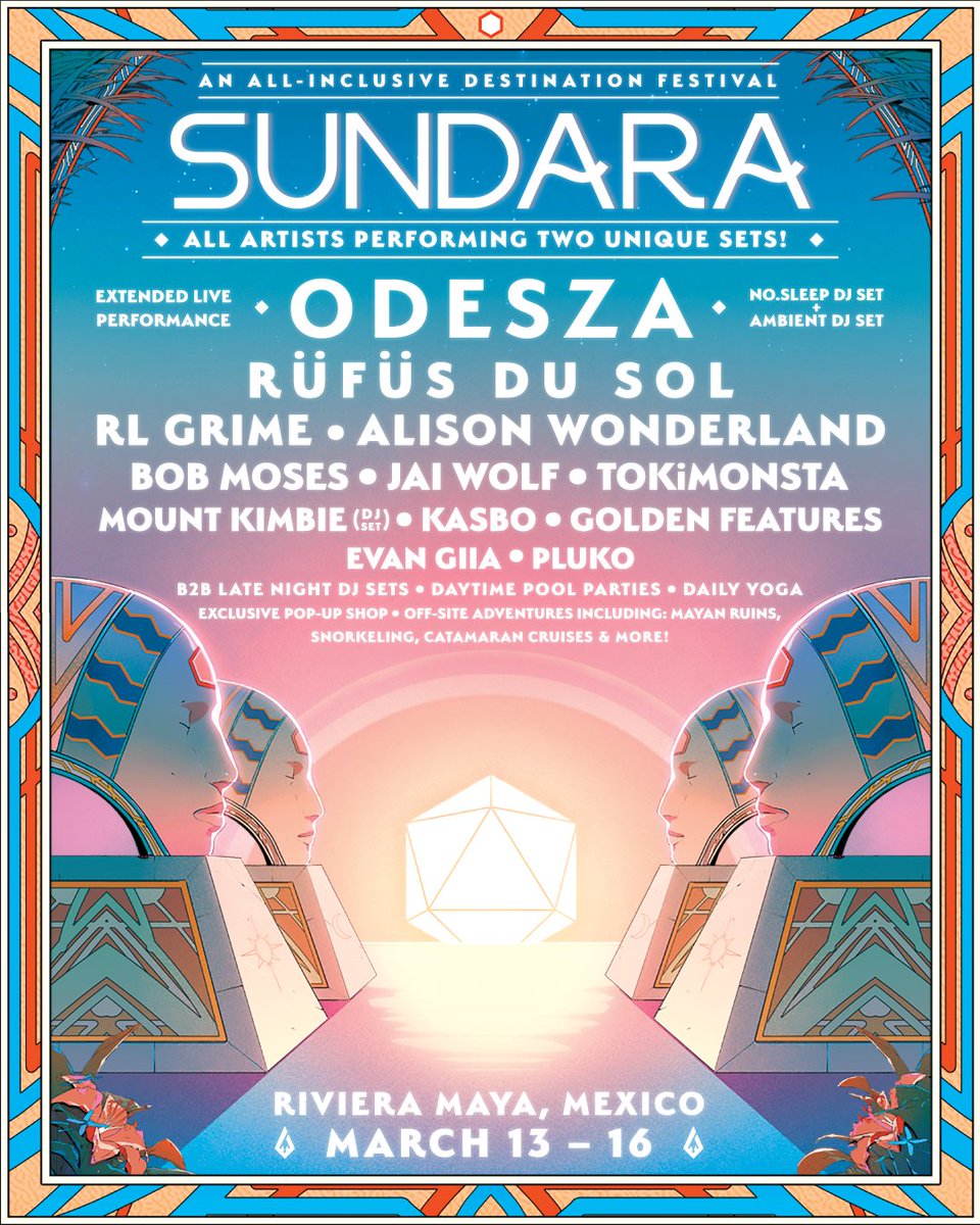 odesza's tweet photo. 🌴 SUNDARA. 3.13-16 2019. Riviera Maya, Mexico. 🌴
We've been working tirelessly to put this lineup and experience together, and couldn't be more excited to announce our first ever @ForeignFam Festival - @sundarafest. Learn more at https://t.co/QPZJfmTkXz . Tickets on sale 10/23 https://t.co/BodRroJMnv