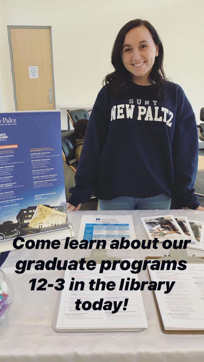 newpaltz_grad's tweet photo. Come learn more about our graduate programs today in the @sunynplibrary from 12-3! #NPsocial #npgrad https://t.co/qo3zMztUDg