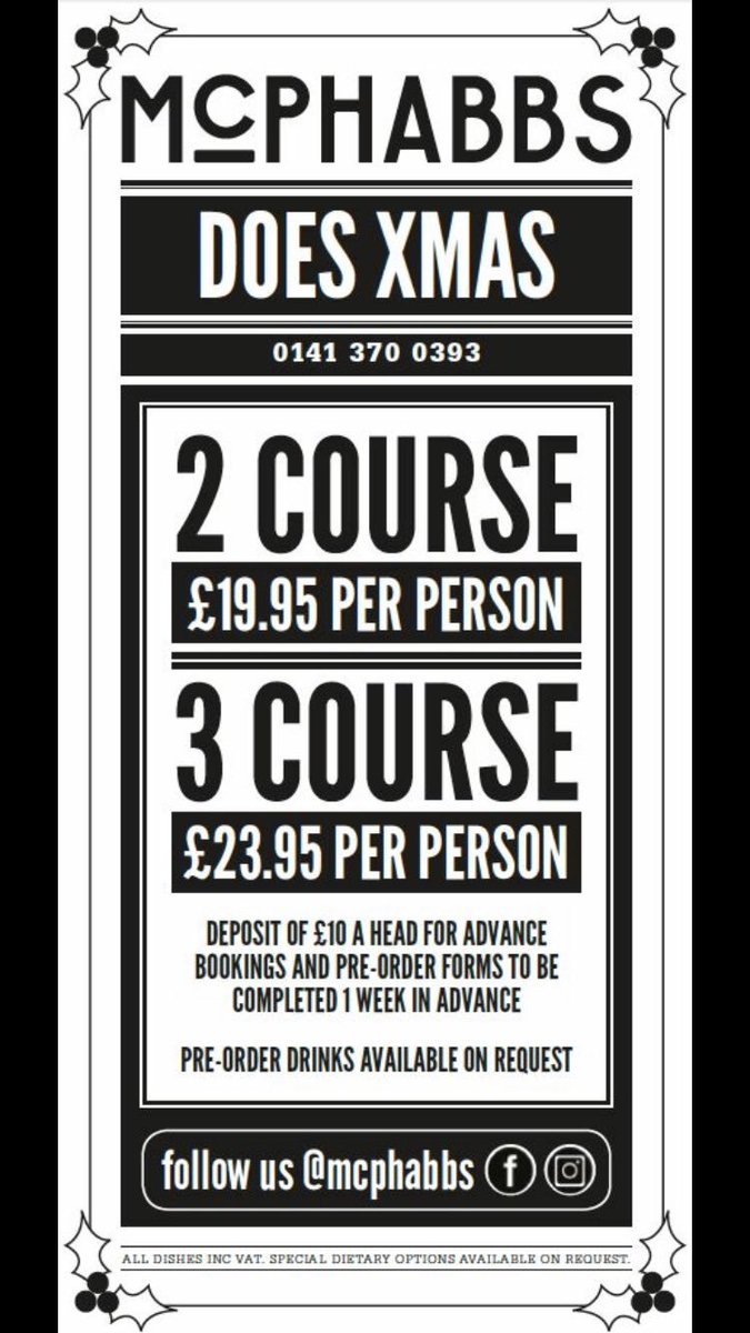 #Xmas lunch or dinner at <a href="/McPhabbs/">McPhabbs</a> this Christmas? 
It’s not far off noooo🎄