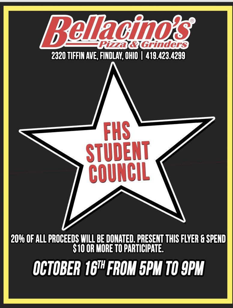 don’t have plans for dinner tonight? head to Bellacino’s in between 5pm-9pm and 20% of proceeds will be donated to FHS student council!