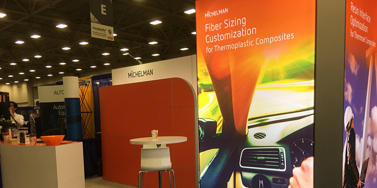 Michelman's tweet photo. Our @Michelman booth is ready to go @the_CAMX. Stop by #F59 to find out why the right fiber sizing is an advantage no one can afford to ignore. #CAMX18  #Composites #Lightweighting #Thermoset #Thermoplastic https://t.co/WAErVKSu2D https://t.co/6DAF3quHTm