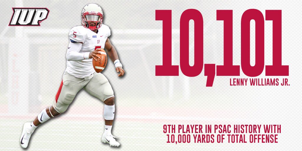 IUPfootball's tweet photo. In Saturday’s win, 5️⃣ Lenny Williams became the 9th player in PSAC history to record 10,000 yards of total offense. 

#ALLIN https://t.co/YtRZ540gsQ