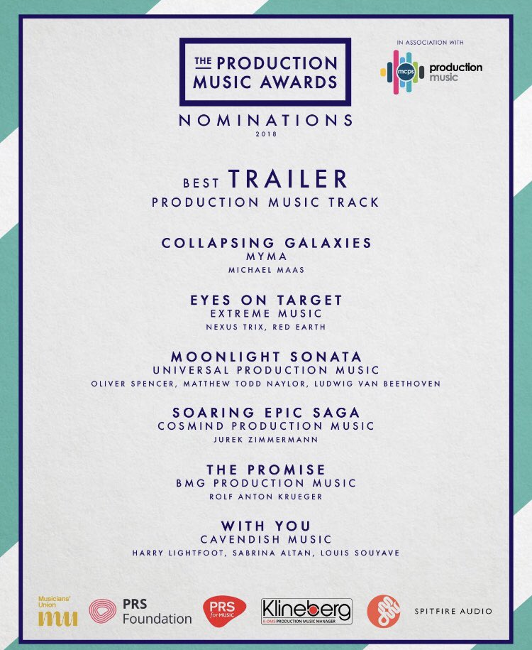 Sabrina Altan, Harry Lightfoot and I are nominated for Best Trailer Music at this years <a href="/ProdMusAwards/">The Production Music Awards</a> !! Thanks guys!!