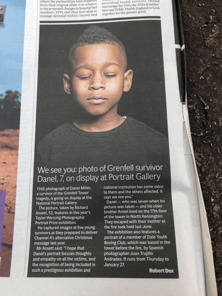 richardansett's tweet photo. @standardnews found some space on a very busy news day to recognise the portrait of Danel from the #Grenfelltower tragedy showing @NPGLondon #TWPP18 thanks 🙏 Robert Dex #weseeyou https://t.co/UrHItTlQ34