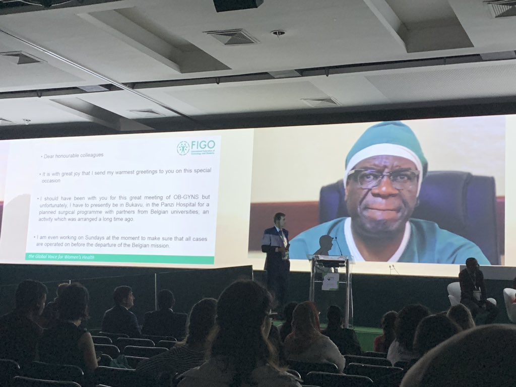 Now this is commitment. @DenisMukwege addresses #FIGO2018 session to declare commitment to #VAW remotely to continue his work serving sexual violence survivors. #EveryWomanMatters #MeToo #NobelPeacePrize