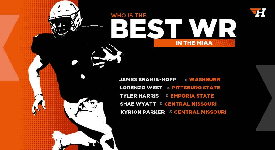 HEROSportsD2FB's tweet photo. .@TheMIAA fans, we need to know! Which WR is the conf's best?

 J. Brania-Hopp, @IchabodFTBL
 L. West, @splitfacenation
 T. Harris, @ESUFOOTBALL
 S. Wyatt, @UCMFootballTeam
 K. Parker, @UCMFootballTeam 

VOTE : https://t.co/I4WHjbyq3q https://t.co/udyahcu2TW
