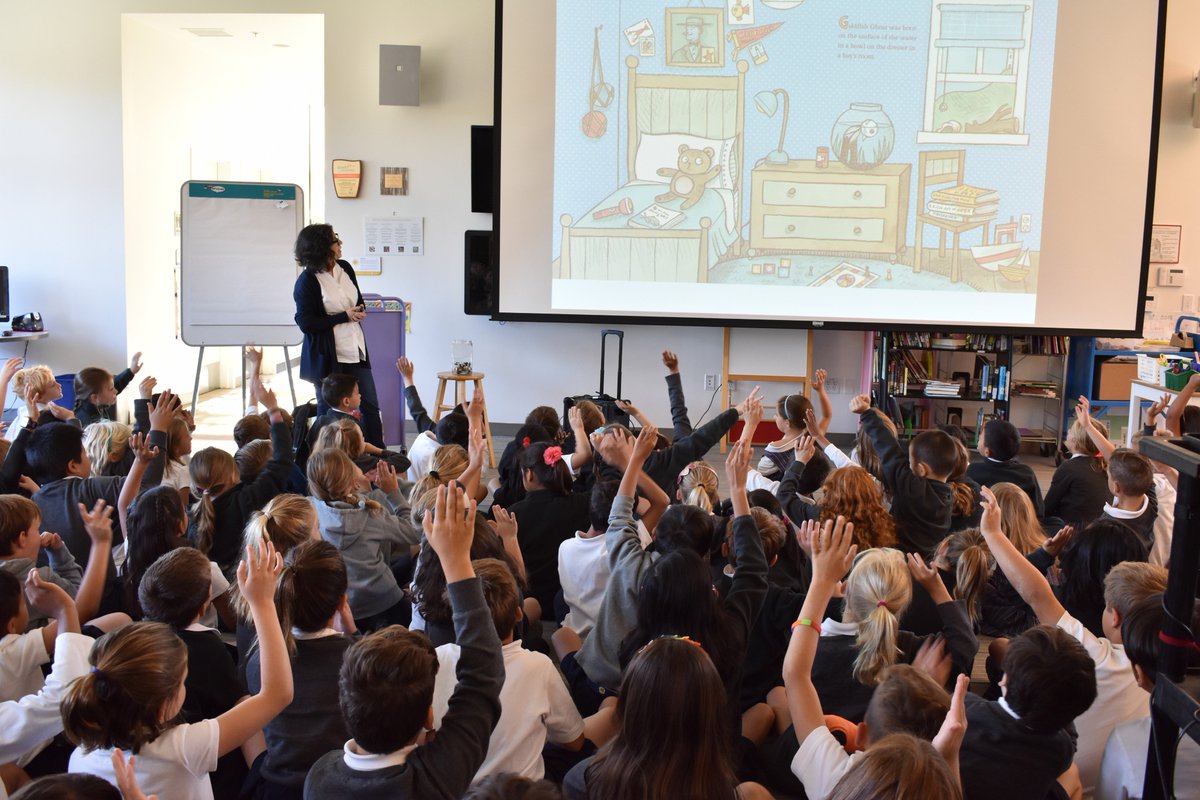 SHSAtherton's tweet photo. Children’s author/illustrator @lisabrowndraws visited with first through third graders this morning, reading from books including Goldfish Ghost, (written by Lemony Snicket, illustrated by Brown), and even collaborating with students to create a custom illustration! #shslibrary https://t.co/G0ISGIXMbV