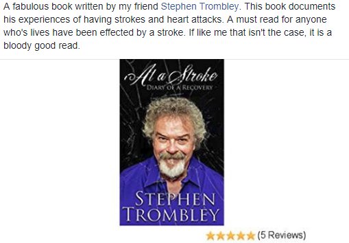 TrombleyStephen's tweet photo. RT @besthirefrelnc: Great review of the amazing author @TrombleyStephen's most recent book, "At a Stroke: Diary of a Recovery." https://t.co/j1uJdiqzDO … #book #kindlebook #Medical #Medicare #retirement https://t.co/kA2ZInXPBu