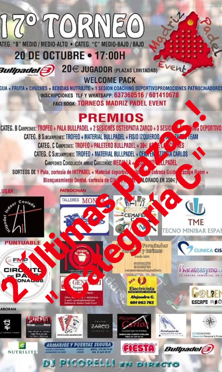 PabloRiegoBravo's tweet photo. 2 Últimas plazas para el 17° Torneo MPE. del día 20 de Octubre.
¿Te lo vas a perder.?
#madrizpadelevent #madrid #torneopadel #fmp #deportes #competicion #Coslada https://t.co/2p5ZXo05DJ