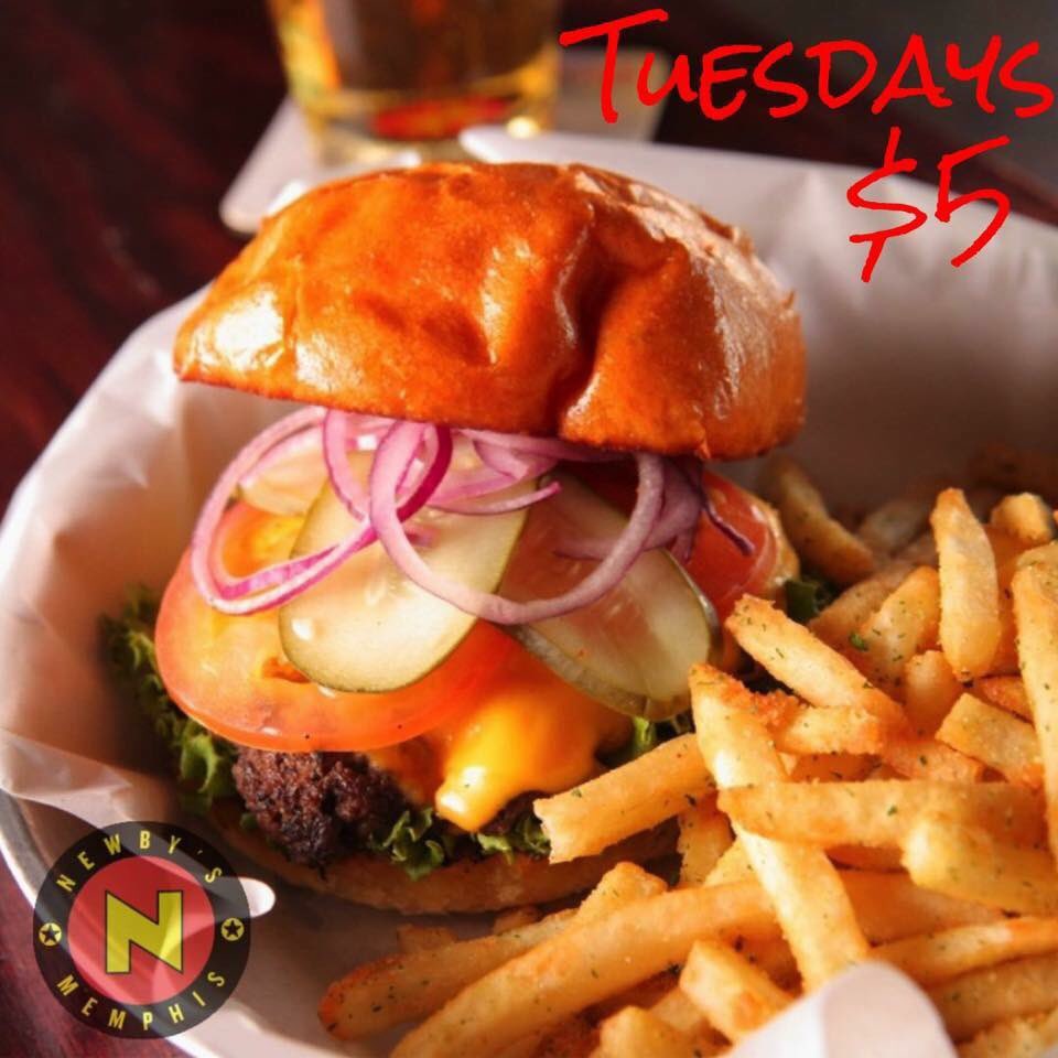 Rainy with a 100% chance of $5 burgers all day! 🍔😋 #SeeYouAtNewbys #BurgerTuesday
