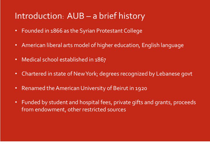 UCLurbanlab's tweet photo. Cynthia Myntti takes us through a quick history of the American University of Beirut (AUB). 9k students and 900 faculty across 120 programmes and 7 faculties. Beirut's largest private employer #UrbanLabLectures https://t.co/NSOoblGwSg