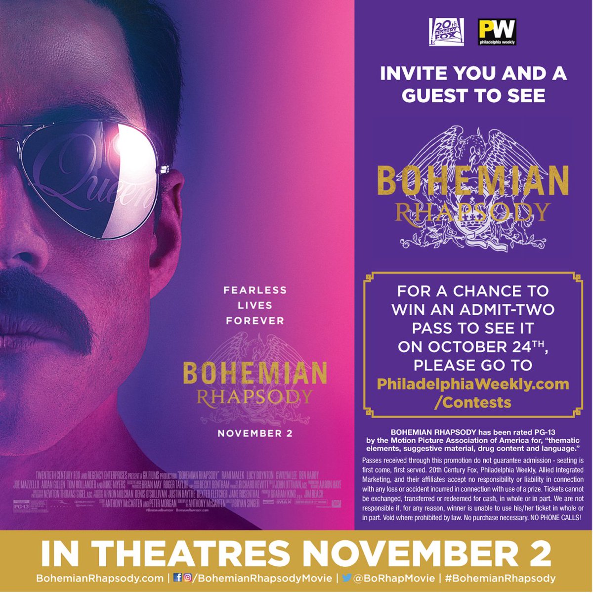 PWpromos's tweet photo. Win 2 tickets to see "Bohemian Rhapsody" https://t.co/XpbQsEPkFG @BoRhapMovie https://t.co/TQbqdp3fv1